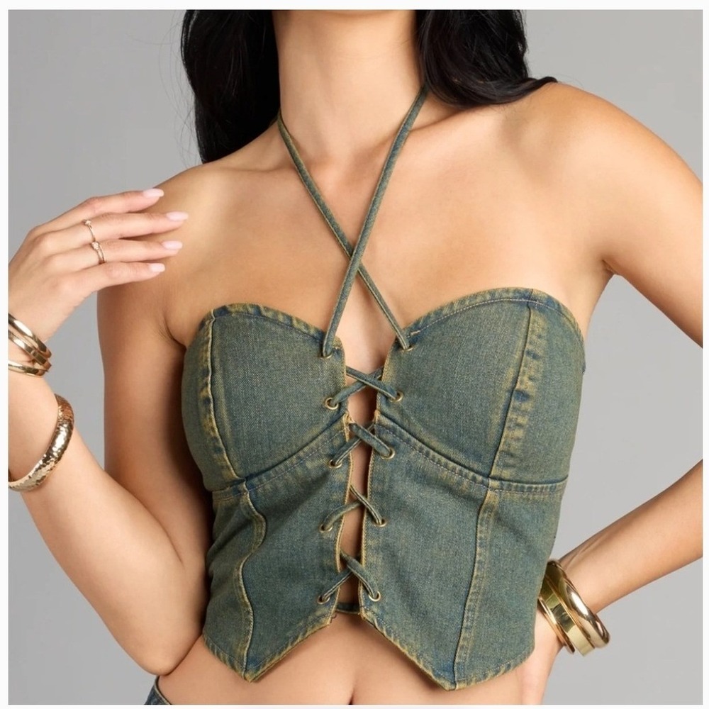 Windsor Olive Green‎ Denim Lace-Up Halter Bustier Top OLA1024VF Large